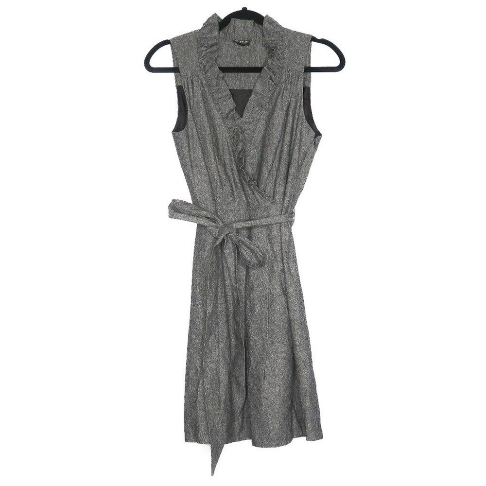 Allen B by Allen Schwartz Grey‎ Linen Blend Ruffle Wrap Dress Size 6 Sleeveless